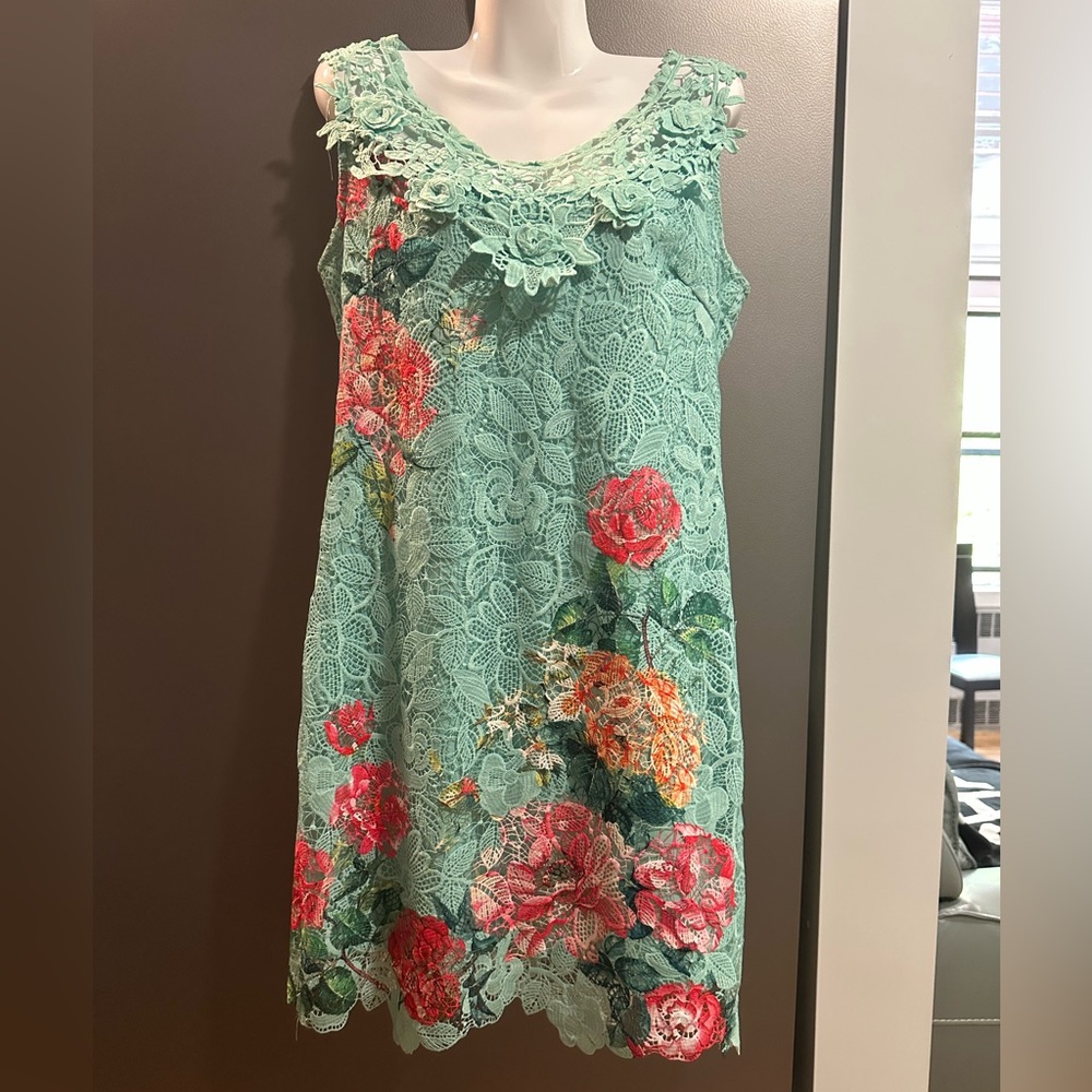 Elegant Floral Lace Dress in Teal and Pink